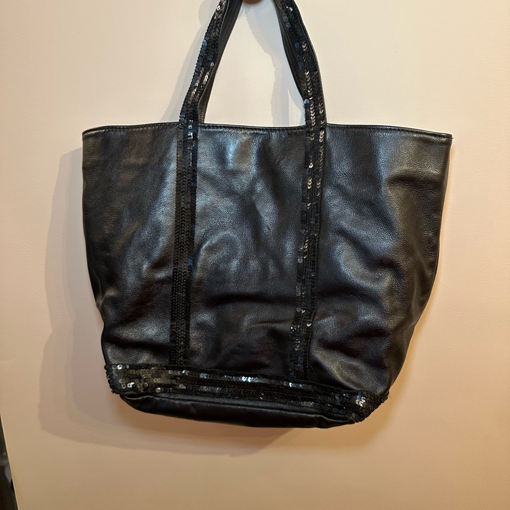 Vanessa Bruno Leather Cabas Tote - Black Sequin Shoulder Bag
